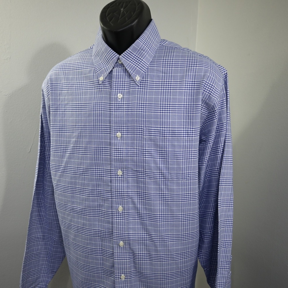 Brooks Brothers Dress Shirt Mens 17-37 Madison Blue Plaid Non-Iron Button Up